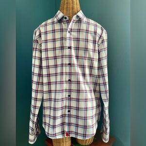 UNTUCKit Men’s Slim Fit Plaid Dress Shirt White Blue Red Plaid Medium Cotton